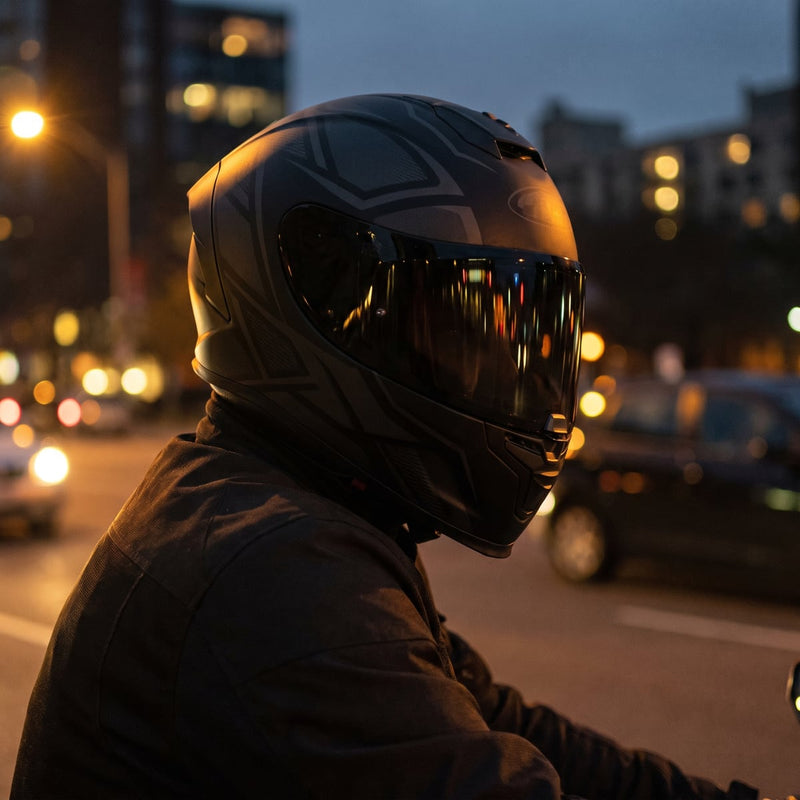 Rider in a full-face helmet at dusk in the city