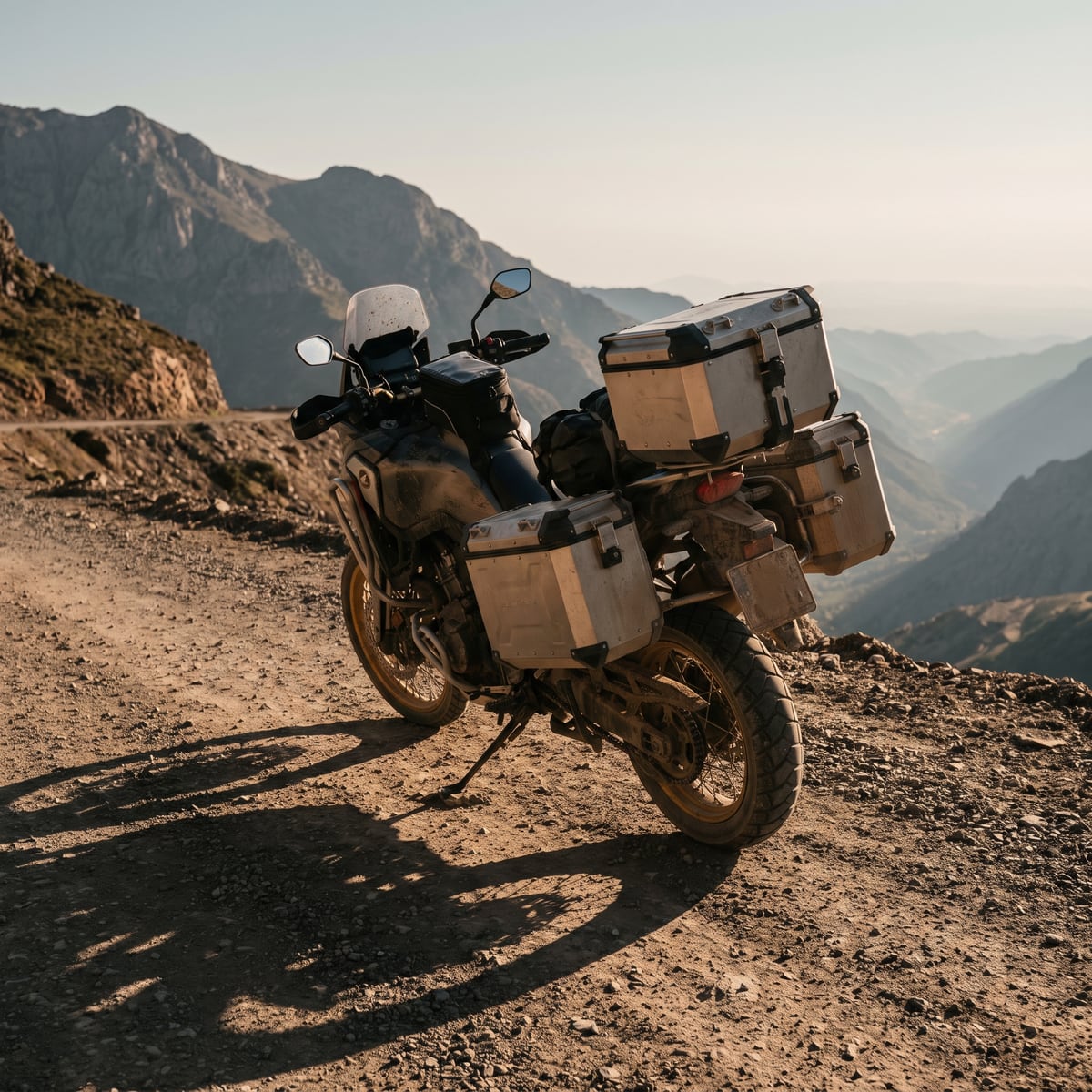 Adventure motorcycle with aluminium panniers on a mountain road