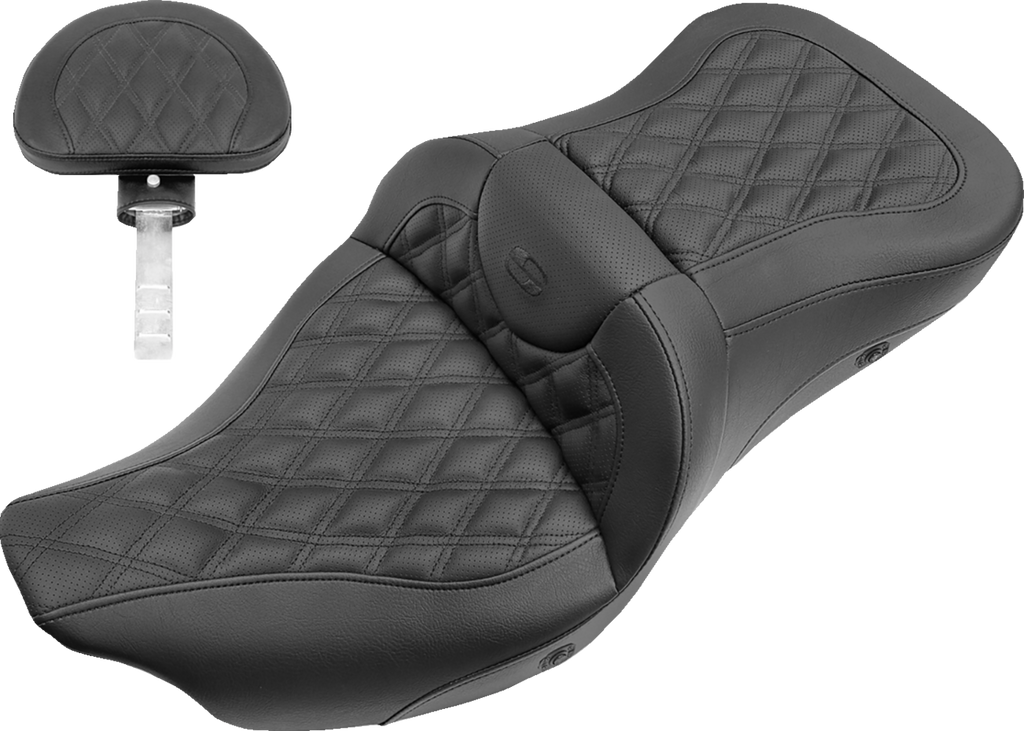 SADDLEMEN Extended Reach Roadsofa™ Seat - Lattice Stitched - Backrest - Heated - FL '08-'24