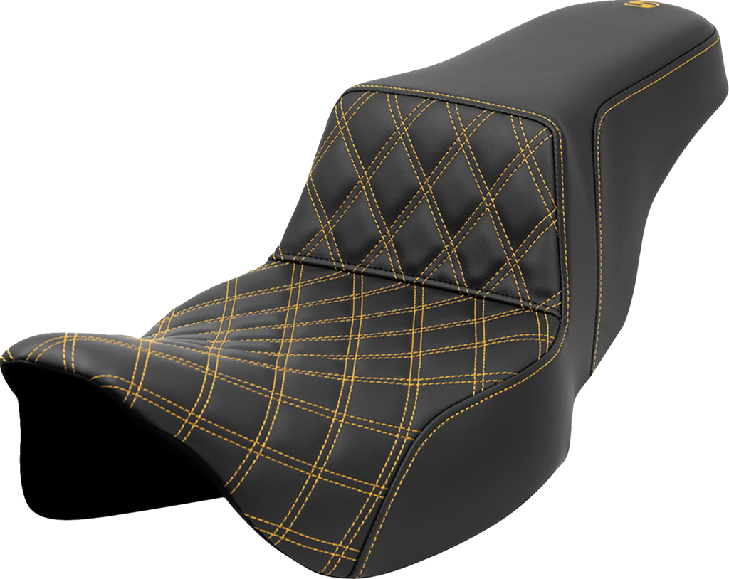 SADDLEMEN Step-Up Seat - Front Lattice Stitch - Gold Stitch - Extended Reach - FLH/FLT '08-'23