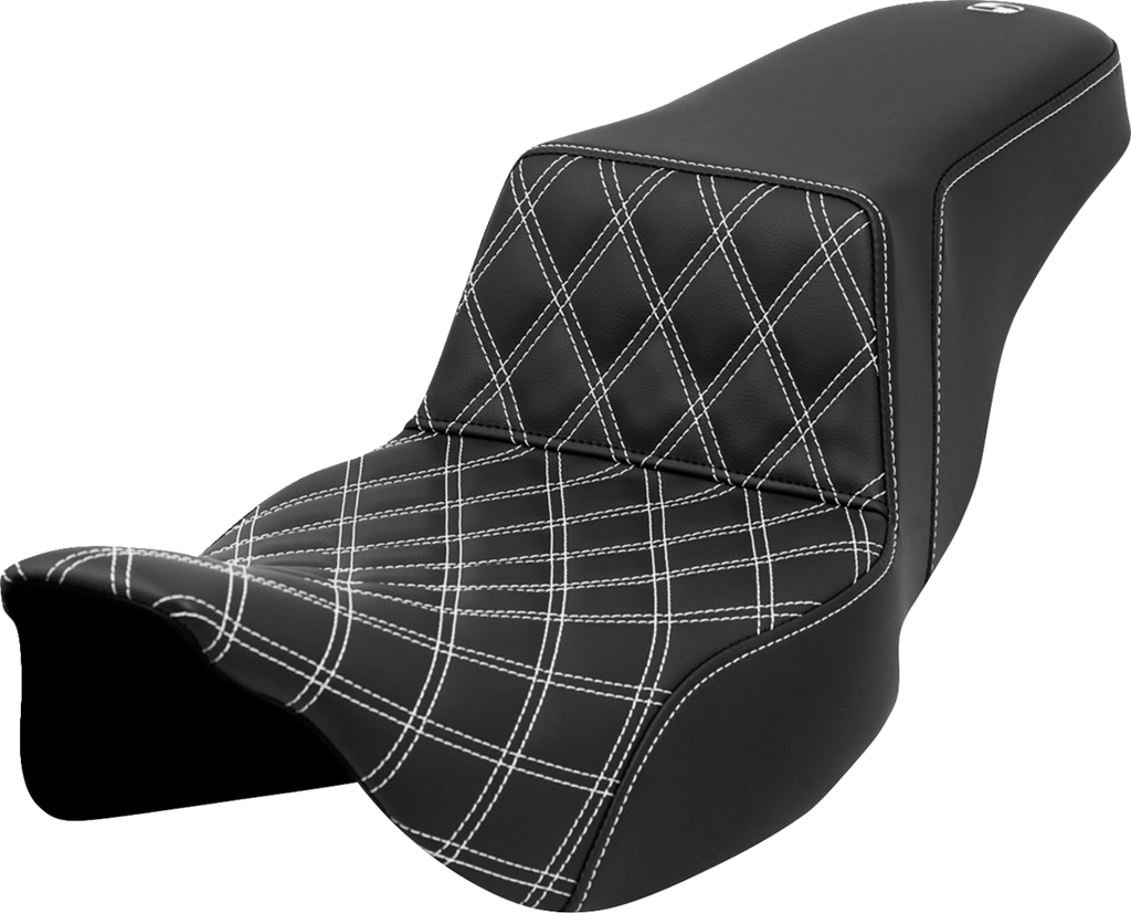 SADDLEMEN Step-Up Seat - Front Lattice Stitch - White Stitch - Extended Reach - FLH/FLT '08-'23
