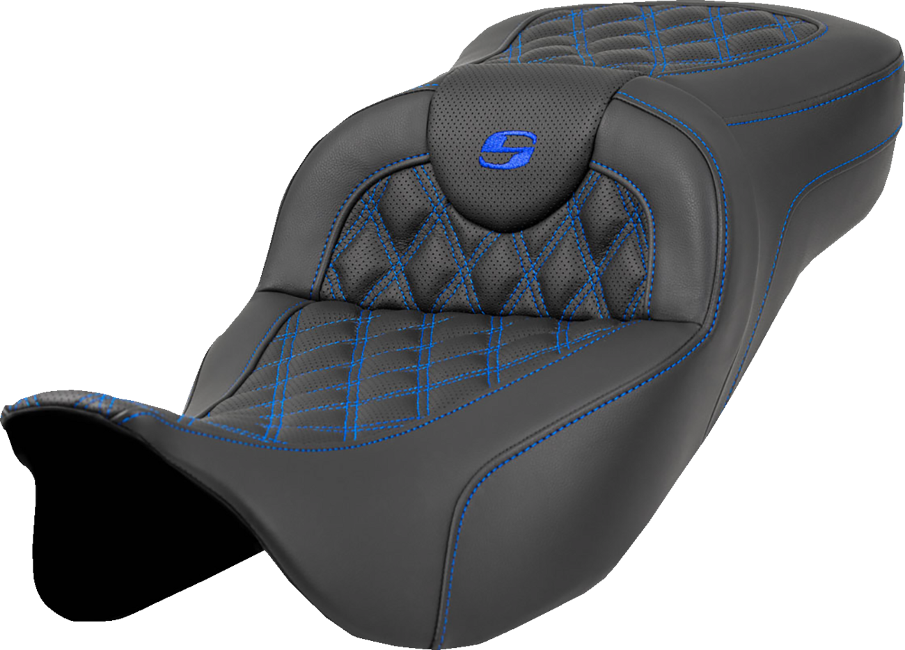 SADDLEMEN Extended Reach Roadsofa™ Seat - Lattice Stitch - Blue Stitch - without Backrest - FL '08-'24