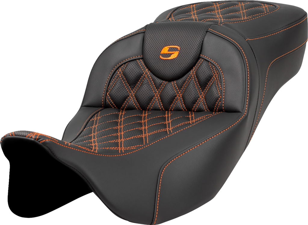 SADDLEMEN Extended Reach Roadsofa™ Seat - Lattice Stitch - Orange Stitch - without Backrest - FL '08-'24