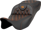 SADDLEMEN Extended Reach Roadsofa™ Seat - Lattice Stitch - Orange Stitch - without Backrest - FL '08-'24
