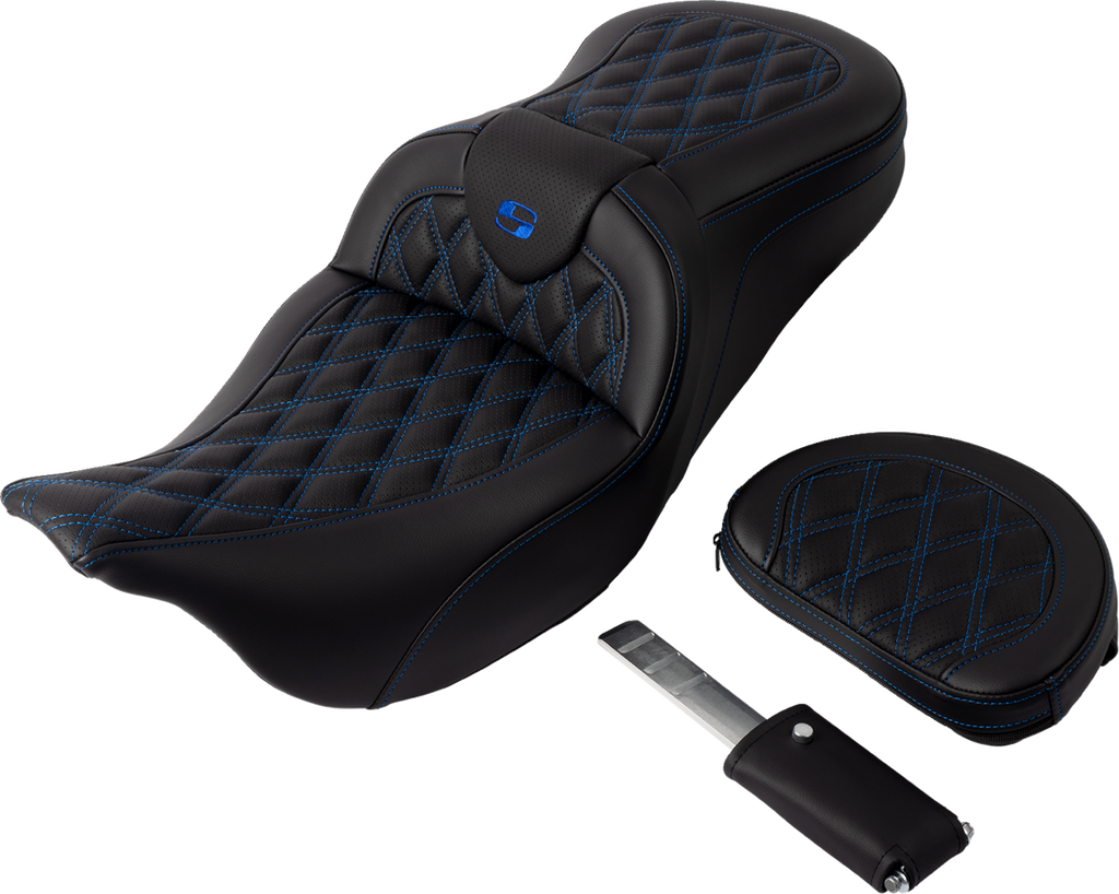 SADDLEMEN Roadsofa™ Seat - with Backrest - Blue Stitch - FL '08-'23