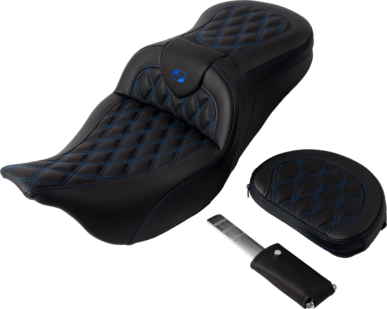 SADDLEMEN Roadsofa™ Seat - with Backrest - Blue Stitch - FL '08-'23