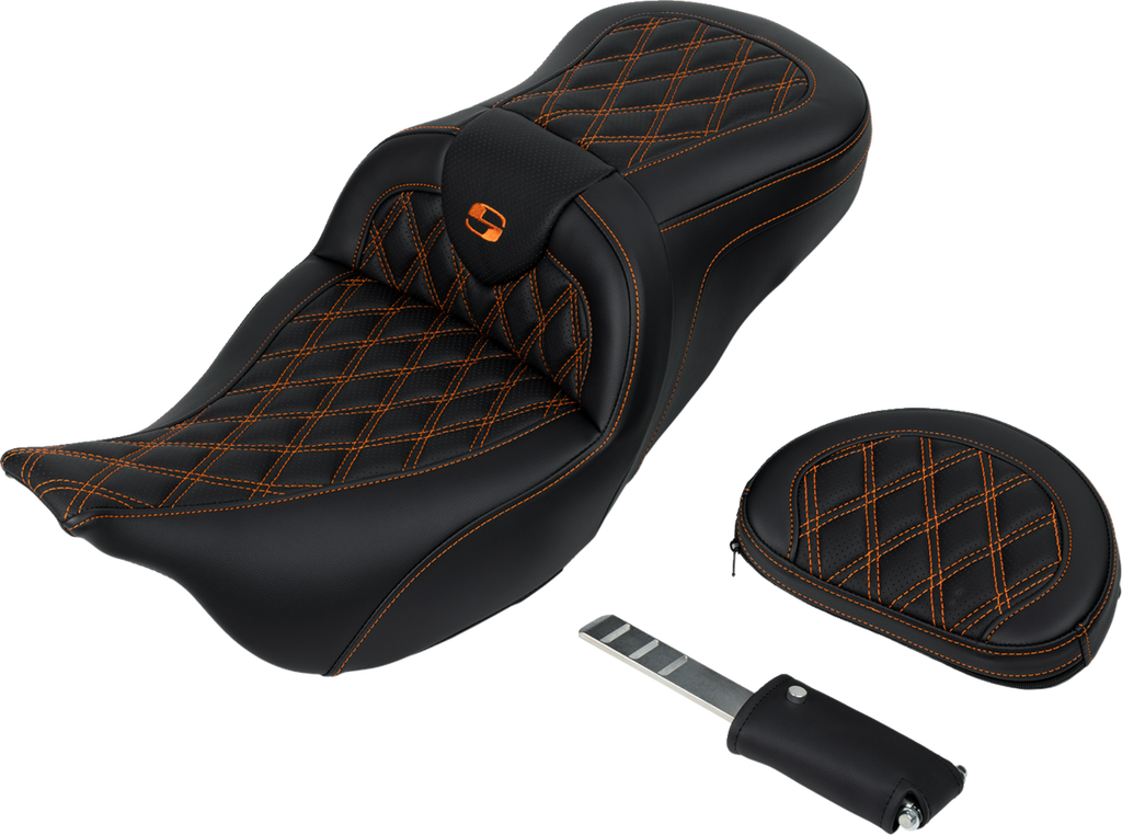 SADDLEMEN Roadsofa™ Seat - with Backrest - Orange Stitch - FL '08-'23