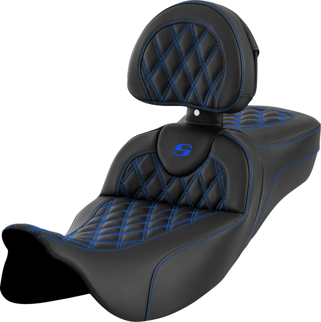 SADDLEMEN Roadsofa™ Extended Reach Seat - Lattice Stitch - Blue Stitch - with Backrest - FL '08-'24