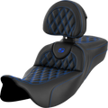 SADDLEMEN Roadsofa™ Extended Reach Seat - Lattice Stitch - Blue Stitch - with Backrest - FL '08-'24