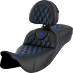 SADDLEMEN Roadsofa™ Extended Reach Seat - Lattice Stitch - Blue Stitch - with Backrest - FL '08-'24