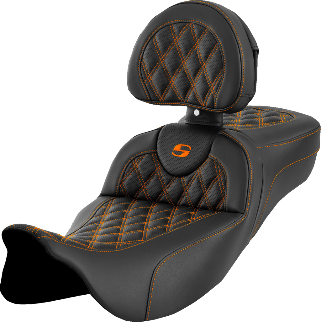 SADDLEMEN Roadsofa™ Extended Reach Seat - Lattice Stitch - Orange Stitch - with Backrest - FL '08-'24