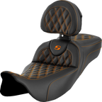 SADDLEMEN Roadsofa™ Extended Reach Seat - Lattice Stitch - Orange Stitch - with Backrest - FL '08-'24