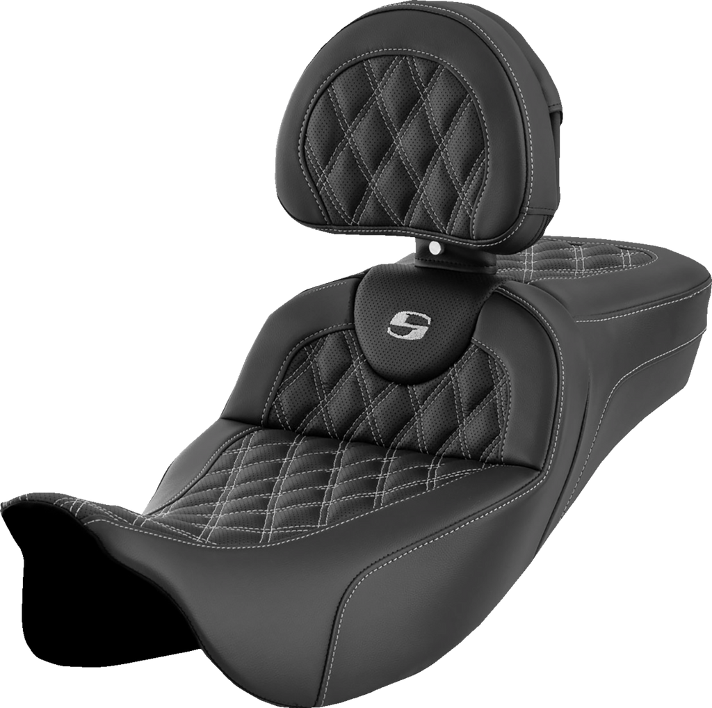 SADDLEMEN Roadsofa™ Extended Reach Seat - Lattice Stitch - Silver Stitch - with Backrest - FL '08-'24