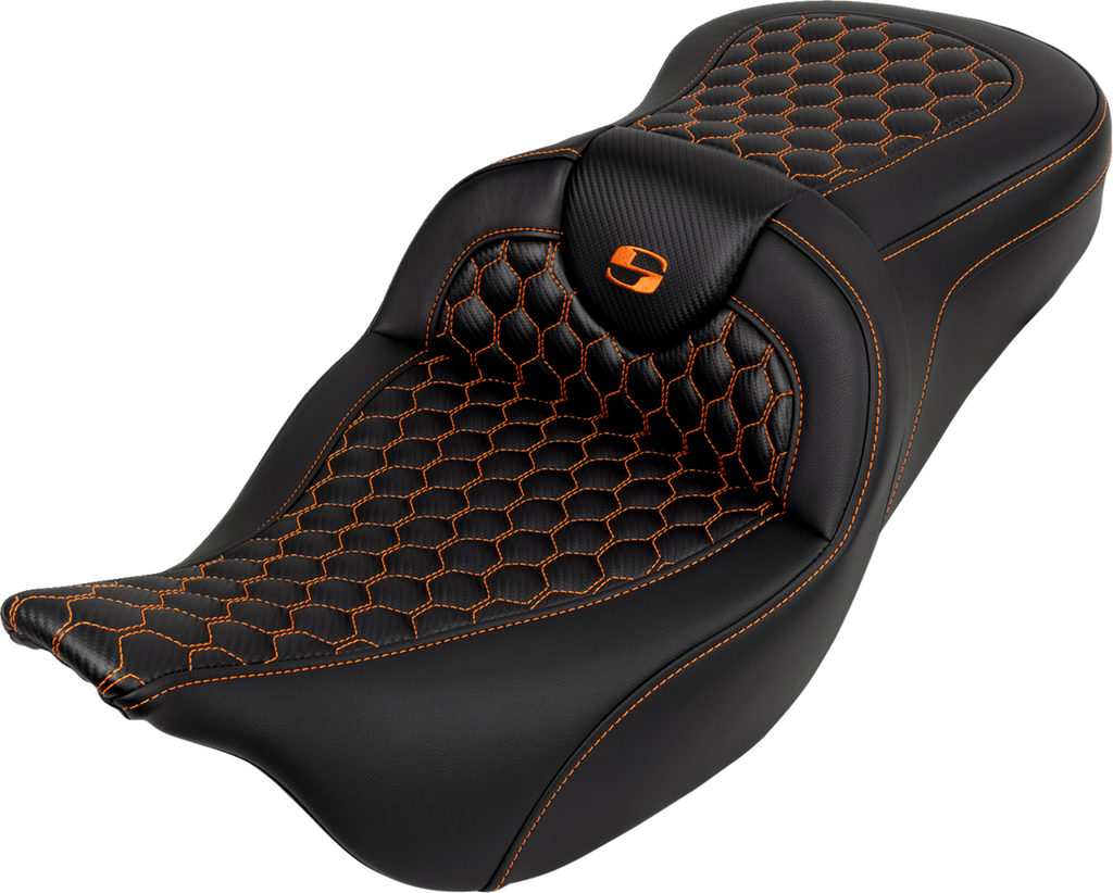 SADDLEMEN RoadSofa™ Seat - Honeycomb - Orange Stitch - without Backrest - FLH/FLT '08-'23