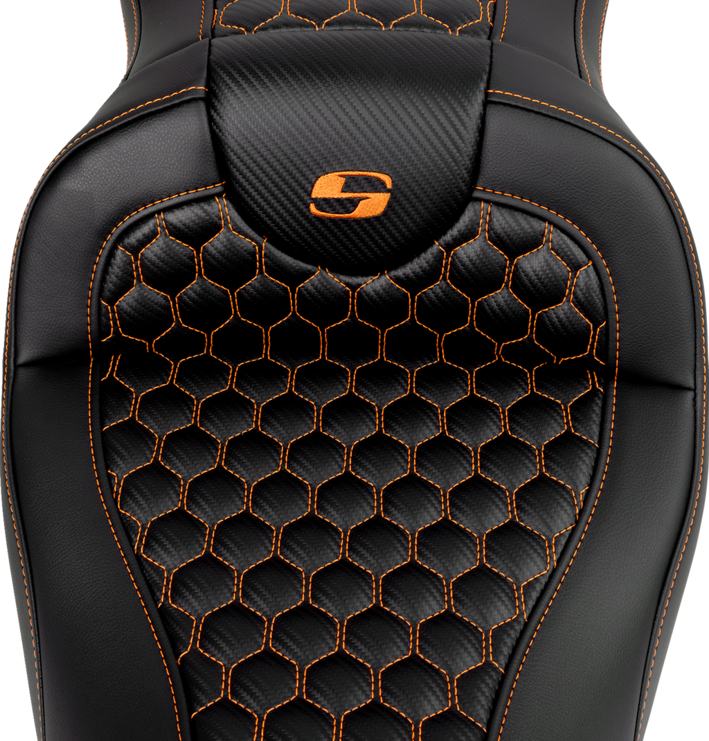 SADDLEMEN RoadSofa™ Seat - Honeycomb - Orange Stitch - without Backrest - FLH/FLT '08-'23