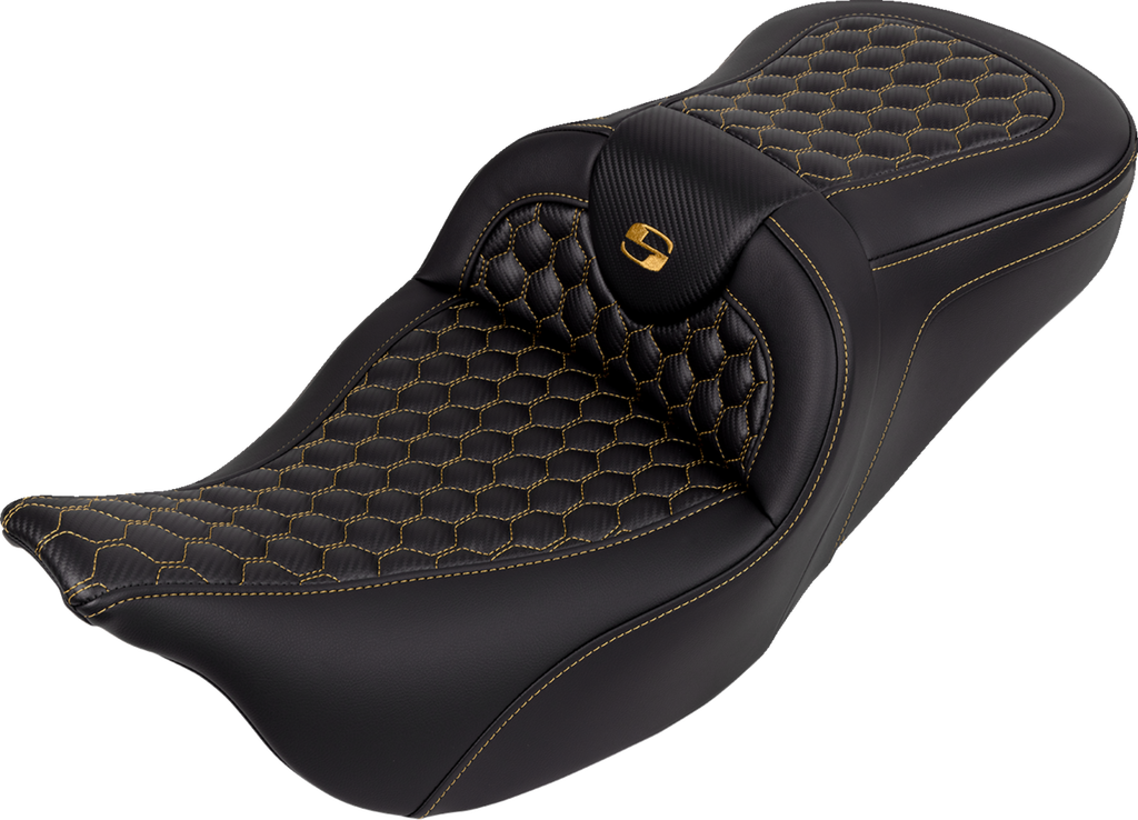 SADDLEMEN RoadSofa™ Seat - Honeycomb - Gold Stitch - without Backrest - FLH/FLT '08-'23