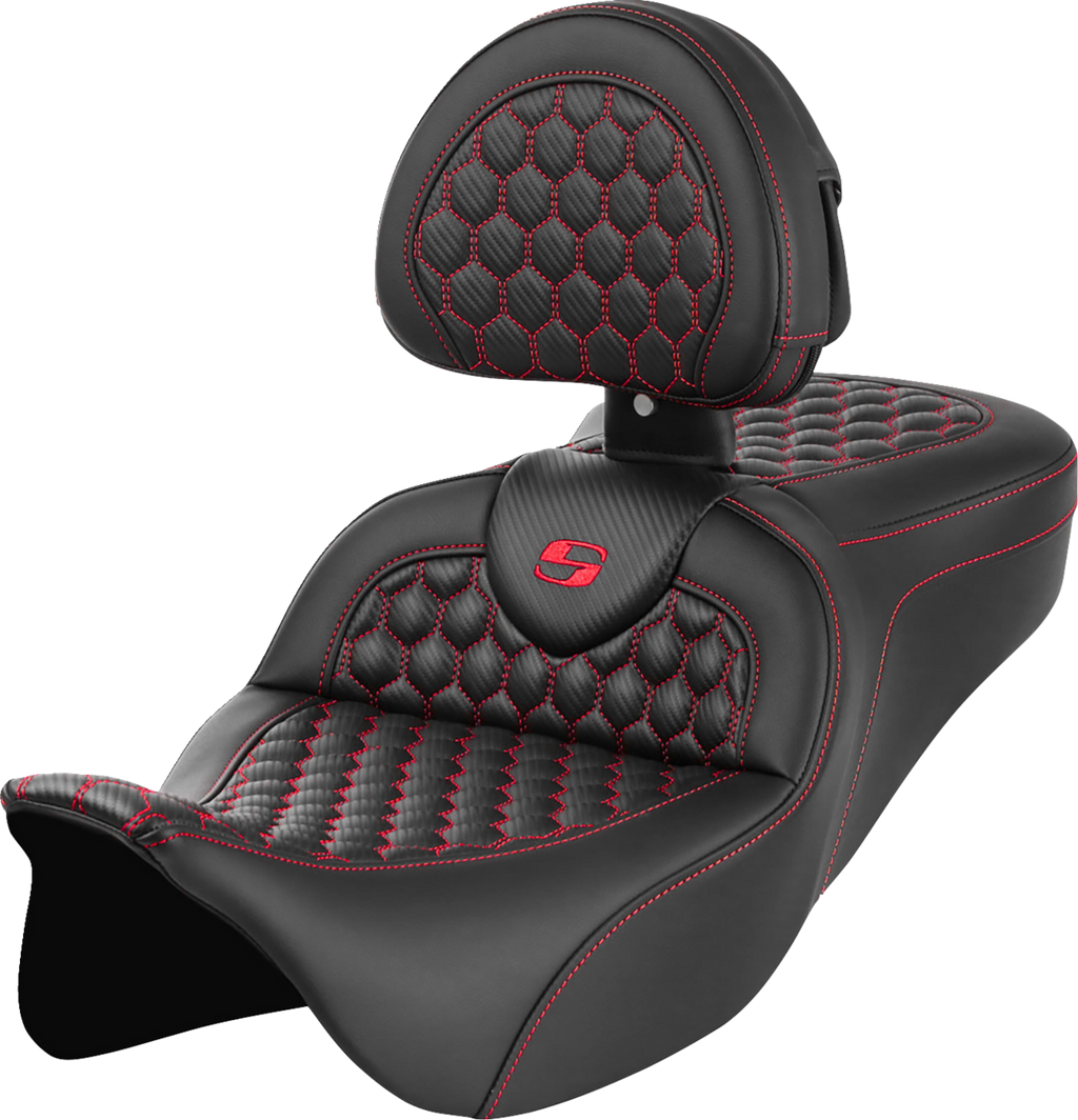 SADDLEMEN RoadSofa™ Seat - Honeycomb - Red Stitch - with Backrest - FLH/FLT '08-'23