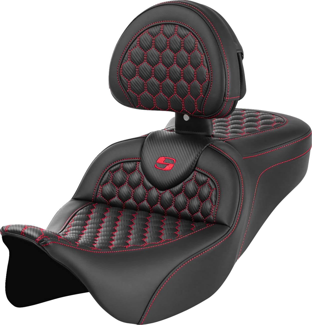 SADDLEMEN RoadSofa™ Seat - Honeycomb - Red Stitch - with Backrest - FLH/FLT '08-'23