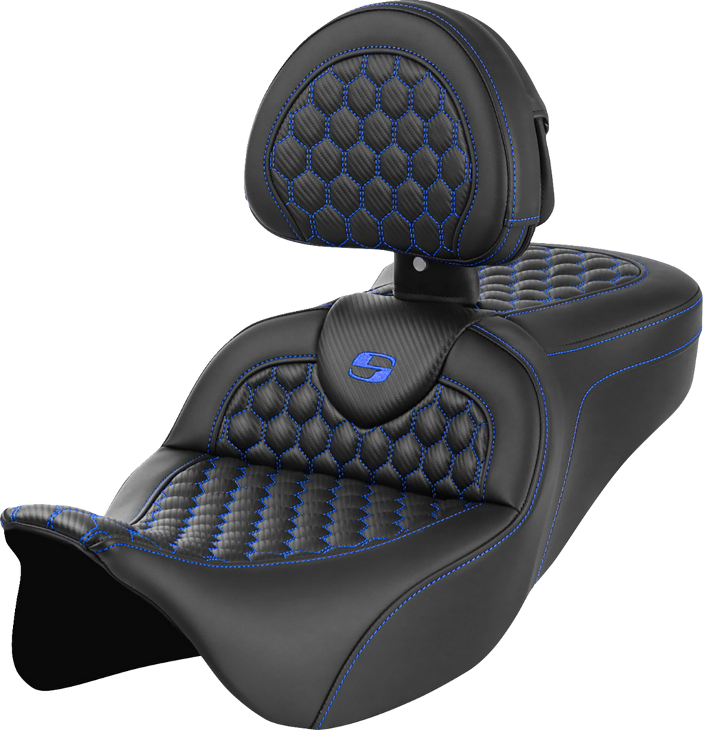 SADDLEMEN RoadSofa™ Seat - Honeycomb - Blue Stitch - with Backrest - FLH/FLT '08-'23