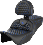 SADDLEMEN RoadSofa™ Seat - Honeycomb - Blue Stitch - with Backrest - FLH/FLT '08-'23