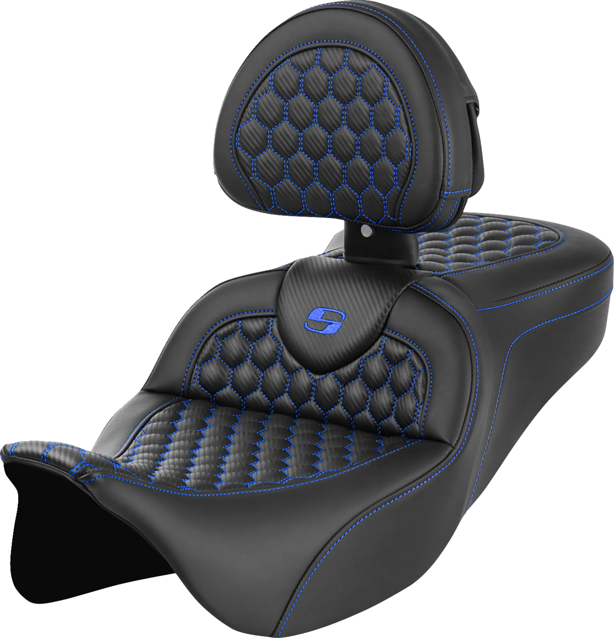 SADDLEMEN RoadSofa™ Seat - Honeycomb - Blue Stitch - with Backrest - FLH/FLT '08-'23