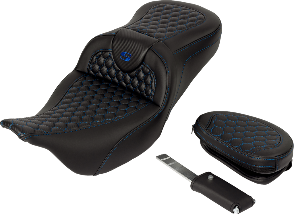 SADDLEMEN RoadSofa™ Seat - Honeycomb - Blue Stitch - with Backrest - FLH/FLT '08-'23