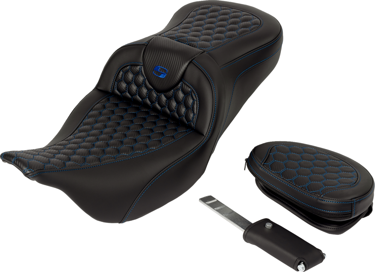 SADDLEMEN RoadSofa™ Seat - Honeycomb - Blue Stitch - with Backrest - FLH/FLT '08-'23