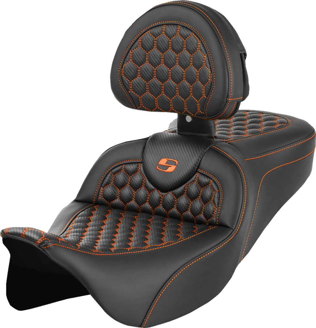 SADDLEMEN RoadSofa™ Seat - Honeycomb - Orange Stitch - with Backrest - FLH/FLT '08-'23
