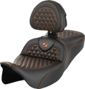 SADDLEMEN RoadSofa™ Seat - Honeycomb - Orange Stitch - with Backrest - FLH/FLT '08-'23