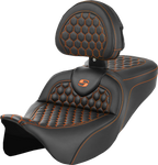 SADDLEMEN RoadSofa™ Seat - Honeycomb - Orange Stitch - with Backrest - FLH/FLT '08-'23