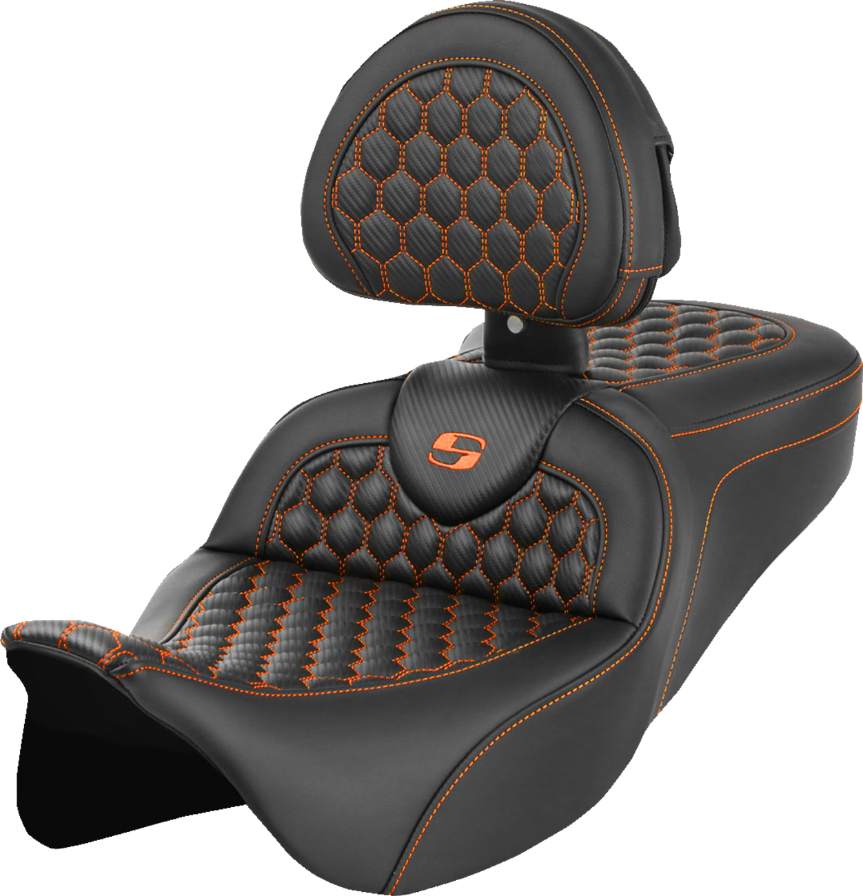 SADDLEMEN RoadSofa™ Seat - Honeycomb - Orange Stitch - with Backrest - FLH/FLT '08-'23