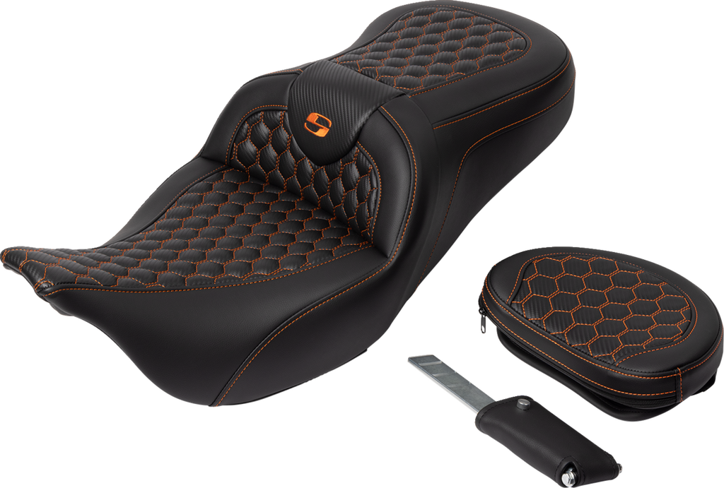 SADDLEMEN RoadSofa™ Seat - Honeycomb - Orange Stitch - with Backrest - FLH/FLT '08-'23