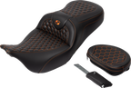 SADDLEMEN RoadSofa™ Seat - Honeycomb - Orange Stitch - with Backrest - FLH/FLT '08-'23