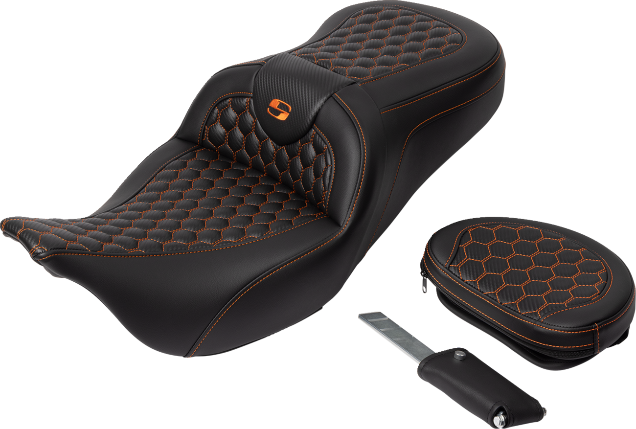 SADDLEMEN RoadSofa™ Seat - Honeycomb - Orange Stitch - with Backrest - FLH/FLT '08-'23