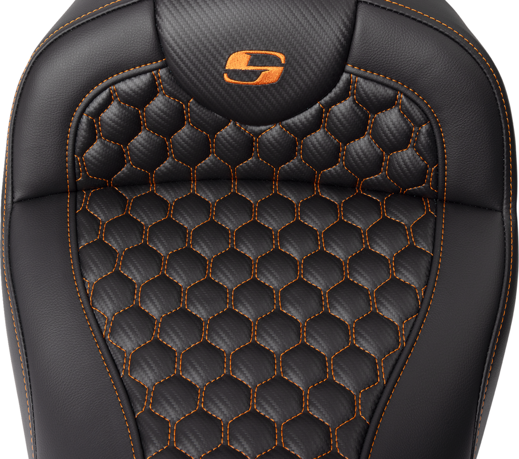 SADDLEMEN RoadSofa™ Seat - Honeycomb - Orange Stitch - with Backrest - FLH/FLT '08-'23