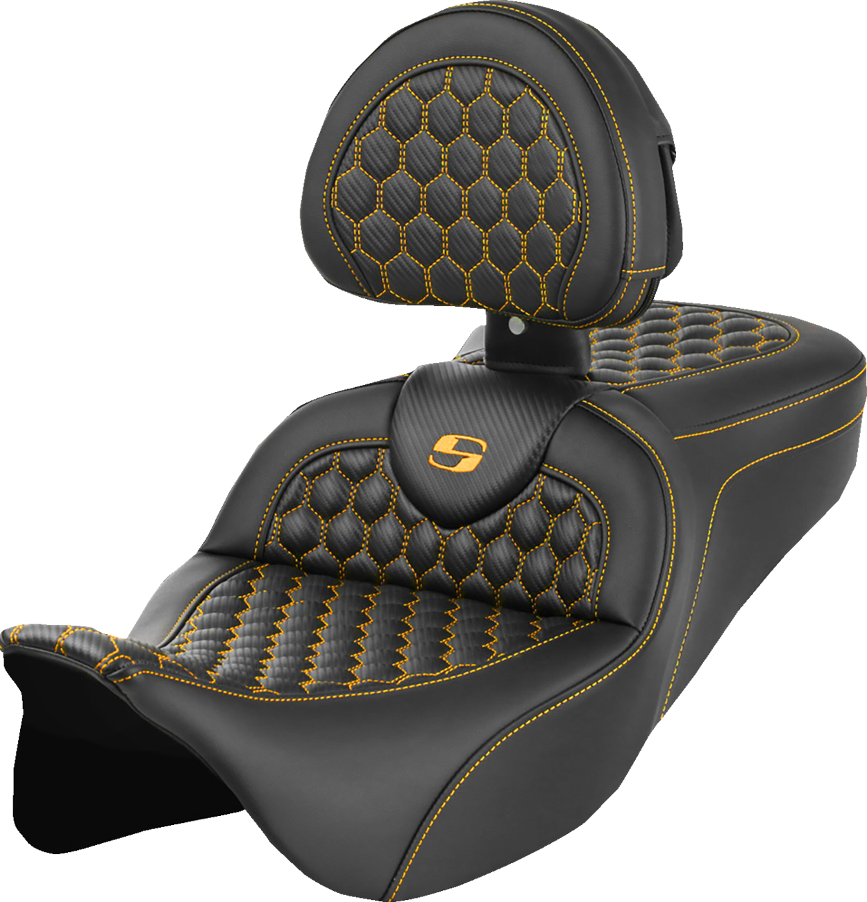 SADDLEMEN RoadSofa™ Seat - Honeycomb - Gold Stitch - with Backrest - FLH/FLT '08-'23