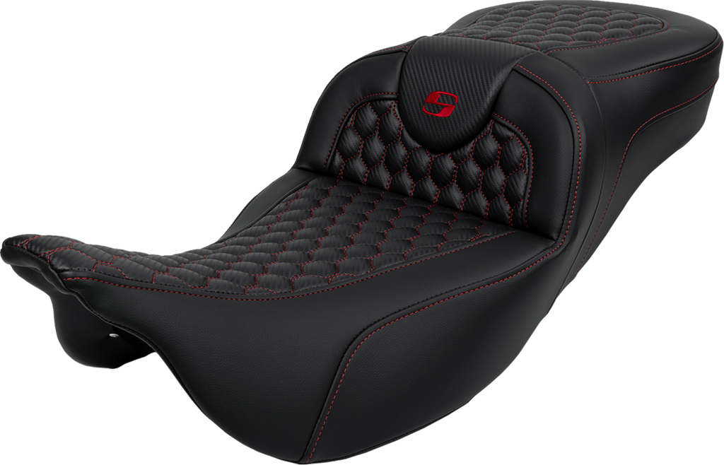SADDLEMEN RoadSofa™ Seat - Honeycomb - Red Stitch - Extended Reach - without Backrest - FLH/FLT '08-'24