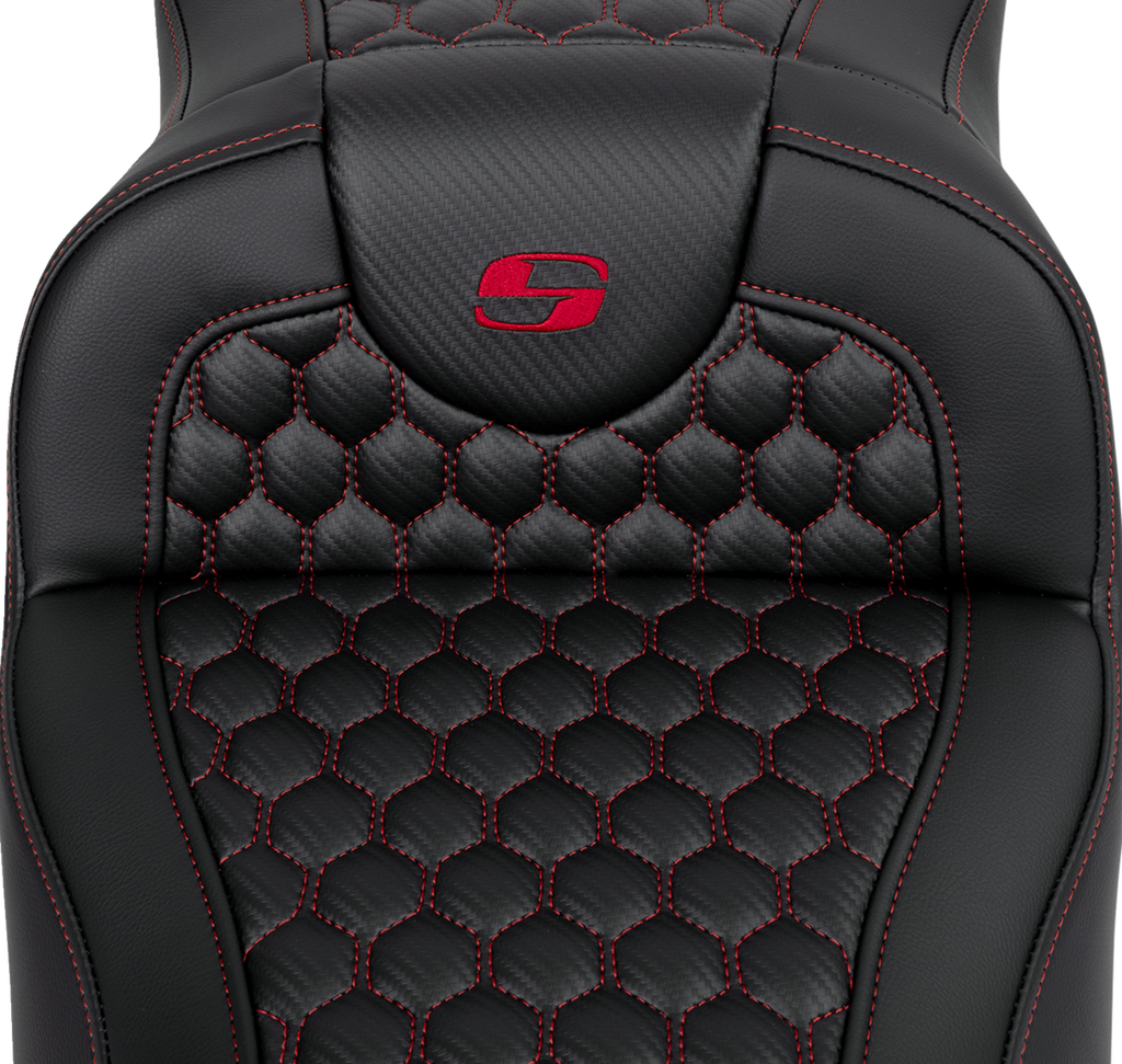 SADDLEMEN RoadSofa™ Seat - Honeycomb - Red Stitch - Extended Reach - without Backrest - FLH/FLT '08-'24