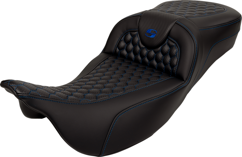 SADDLEMEN RoadSofa™ Seat - Honeycomb - Blue Stitch - Extended Reach - without Backrest - FLH/FLT '08-'24