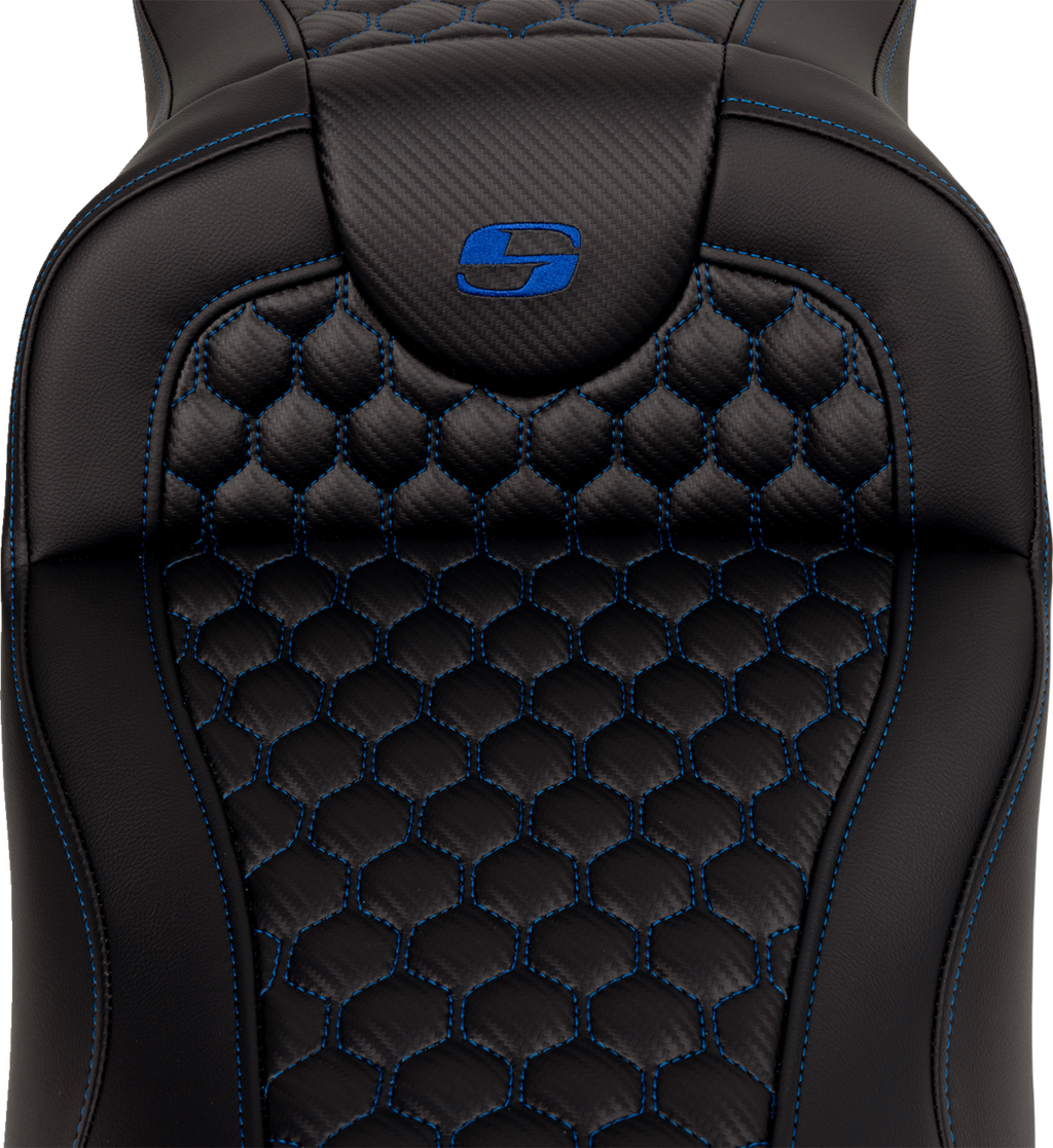 SADDLEMEN RoadSofa™ Seat - Honeycomb - Blue Stitch - Extended Reach - without Backrest - FLH/FLT '08-'24
