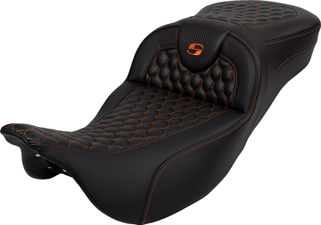 SADDLEMEN RoadSofa™ Seat - Honeycomb - Orange Stitch - Extended Reach - without Backrest - FLH/FLT '08-'24