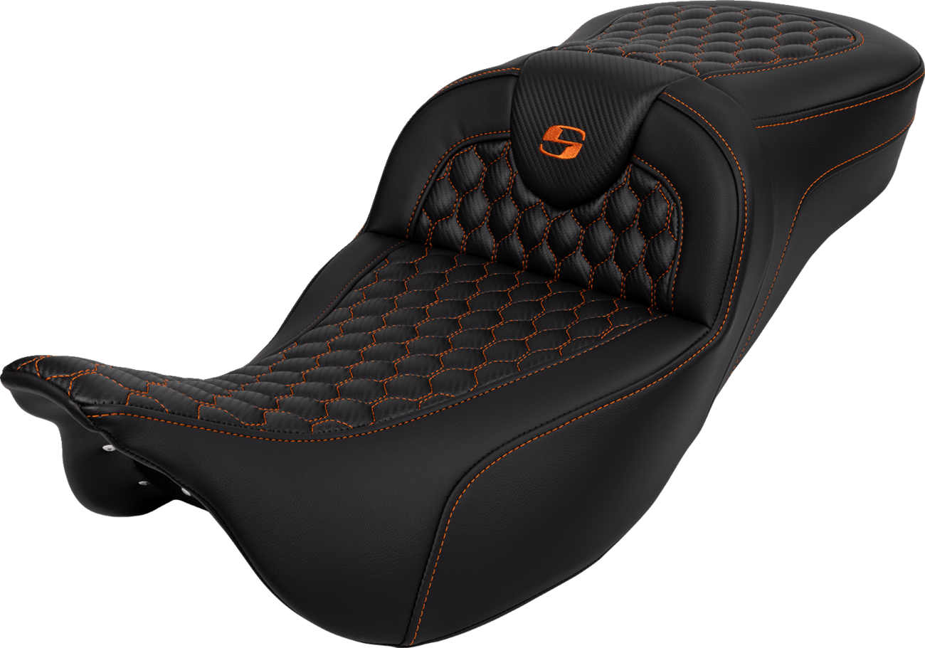 SADDLEMEN RoadSofa™ Seat - Honeycomb - Orange Stitch - Extended Reach - without Backrest - FLH/FLT '08-'24