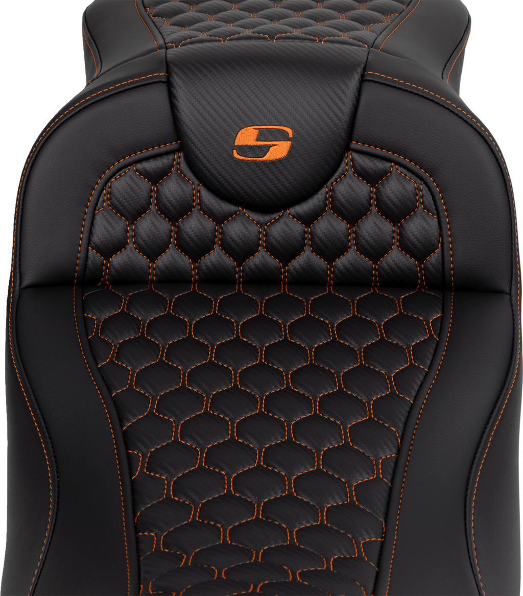 SADDLEMEN RoadSofa™ Seat - Honeycomb - Orange Stitch - Extended Reach - without Backrest - FLH/FLT '08-'24