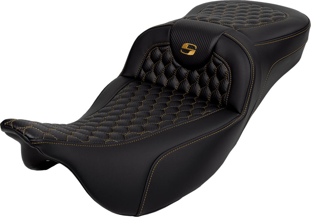SADDLEMEN RoadSofa™ Seat - Honeycomb - Gold Stitch - Extended Reach - without Backrest - FLH/FLT '08-'24