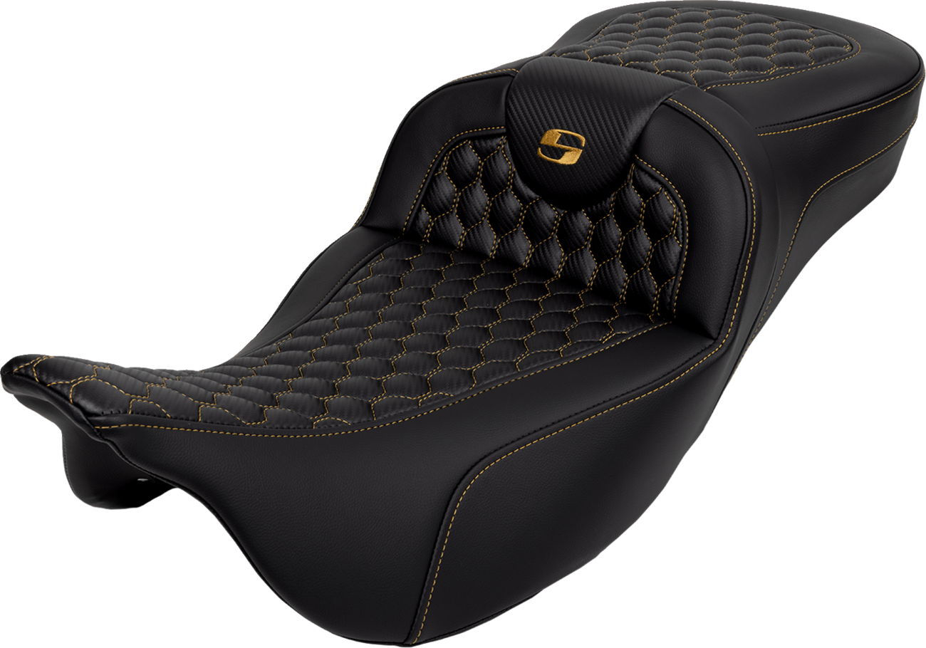 SADDLEMEN RoadSofa™ Seat - Honeycomb - Gold Stitch - Extended Reach - without Backrest - FLH/FLT '08-'24