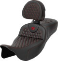 SADDLEMEN RoadSofa™ Seat - Honeycomb - Red Stitch - with Backrest - Extended Reach - FLH/FLT '08-'24