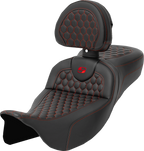 SADDLEMEN RoadSofa™ Seat - Honeycomb - Red Stitch - with Backrest - Extended Reach - FLH/FLT '08-'24
