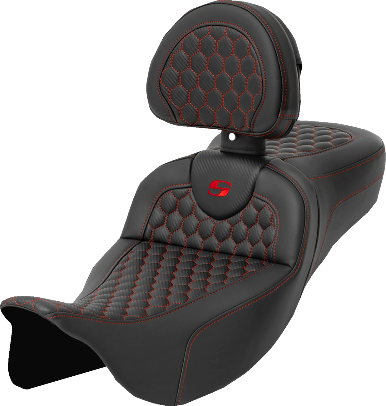 SADDLEMEN RoadSofa™ Seat - Honeycomb - Red Stitch - with Backrest - Extended Reach - FLH/FLT '08-'24