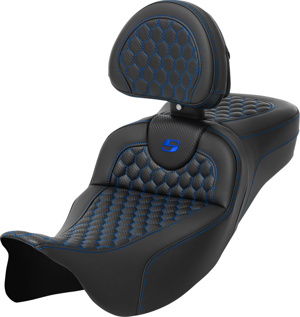 SADDLEMEN RoadSofa™ Seat - Honeycomb - Blue Stitch - with Backrest - Extended Reach - FLH/FLT '08-'24