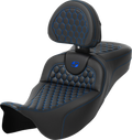 SADDLEMEN RoadSofa™ Seat - Honeycomb - Blue Stitch - with Backrest - Extended Reach - FLH/FLT '08-'24